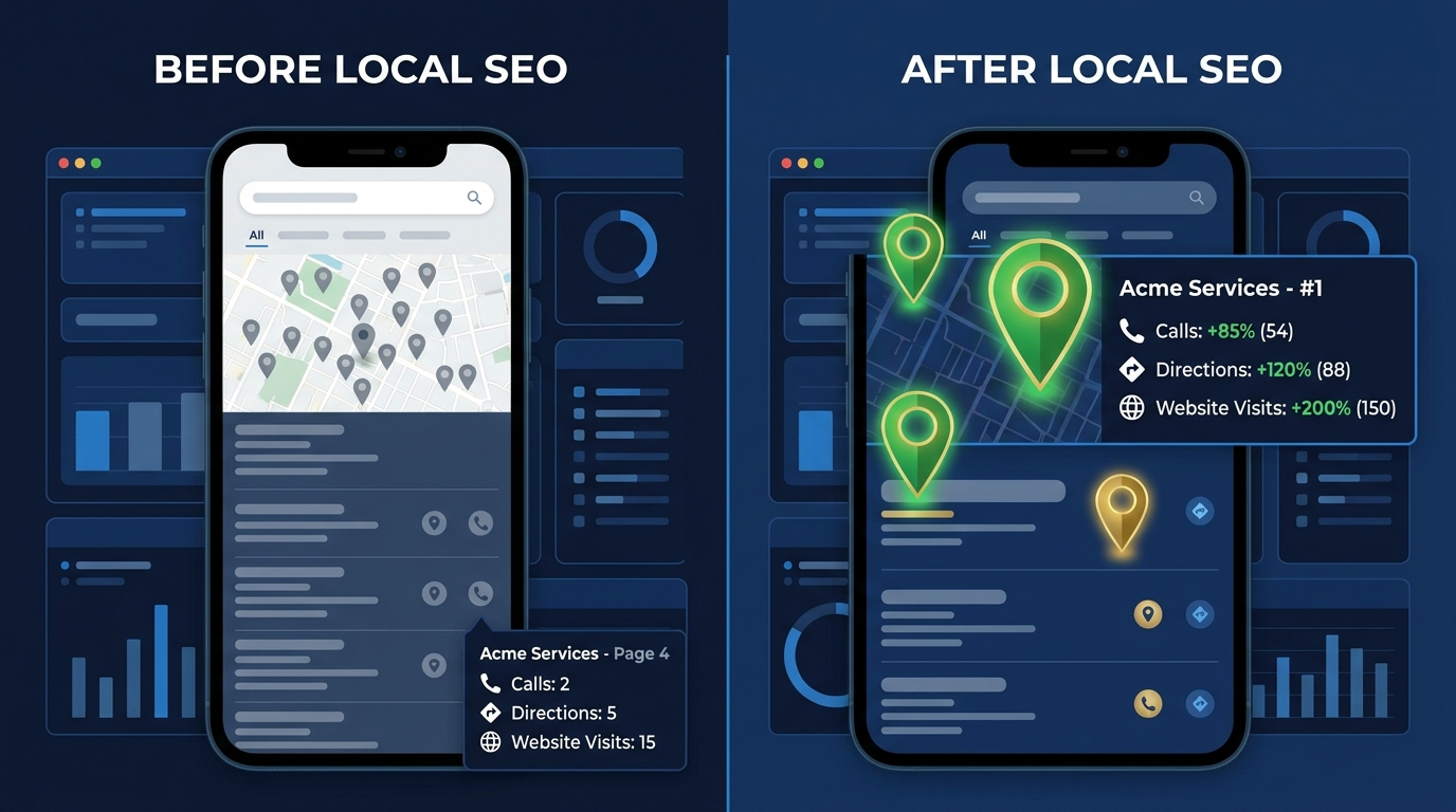 Before and after Map Pack ranking results — real client improvement